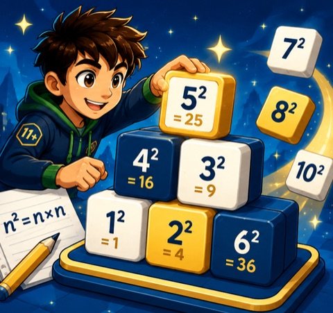 A cartoon pupil stacking number blocks from 1 squared to 10 squared